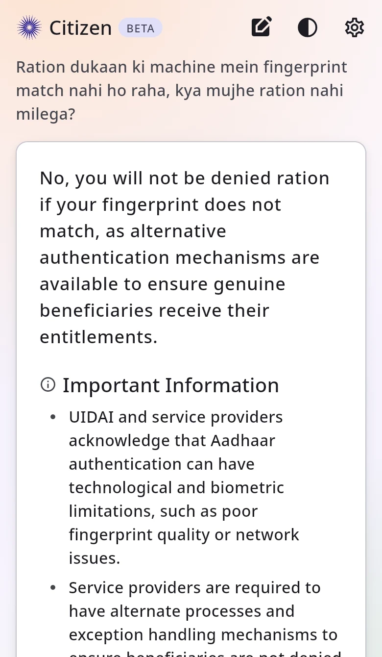 Asked in Hindi typed in English letters whether ration is refused when the fingerprint does not match, the answer says No, because other ways to verify are available