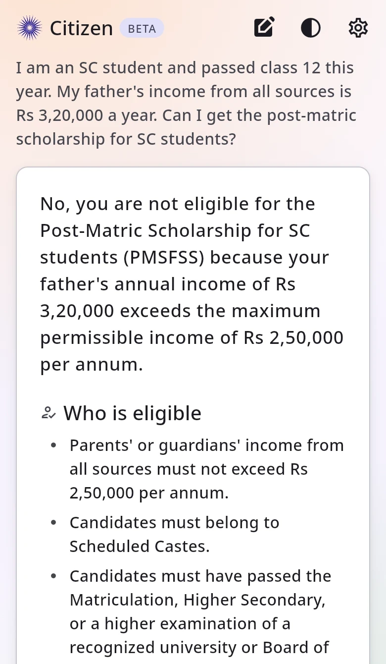 The SC post-matric scholarship question answered No, because the father's income of Rs 3,20,000 is above the Rs 2,50,000 limit
