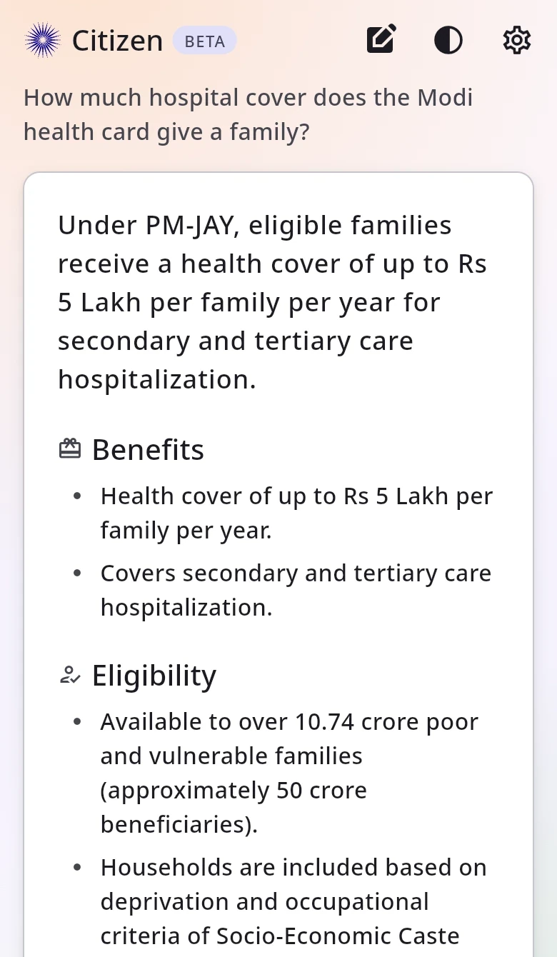 Asked about the Modi health card, the answer gives PM-JAY's cover of up to Rs 5 lakh per family per year